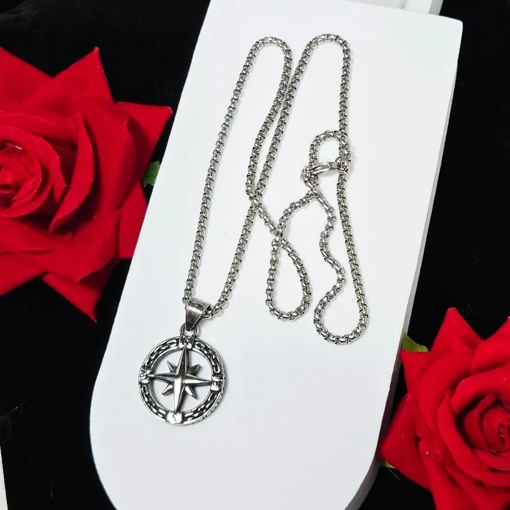 Compass Necklace 316L Stainless Steel 24” Men's Viking Norse Nautical Pendant